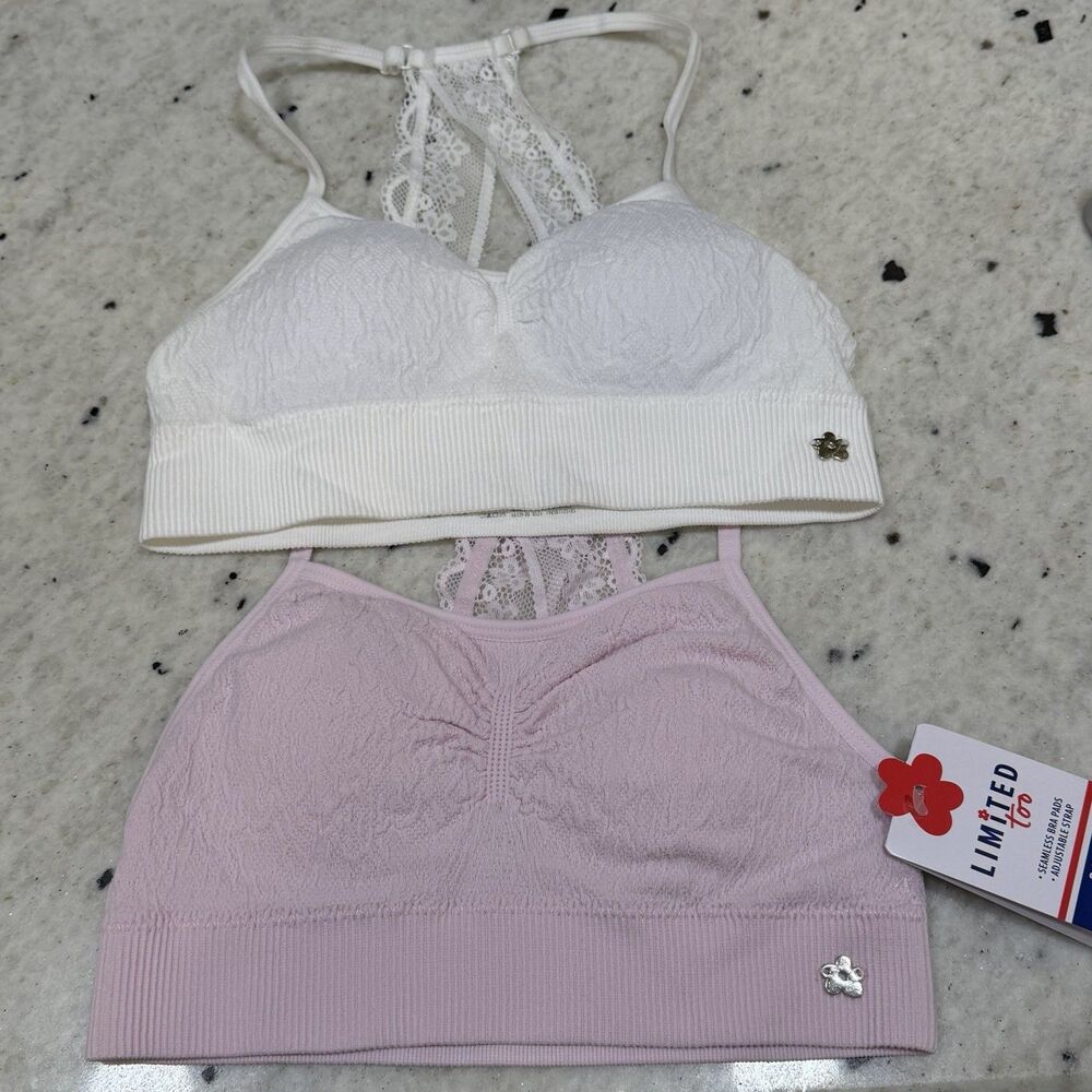 Limited Too Girls Seamless Bras 2 Pk White Pink Sz Small 7/8 Lace Adjustable New